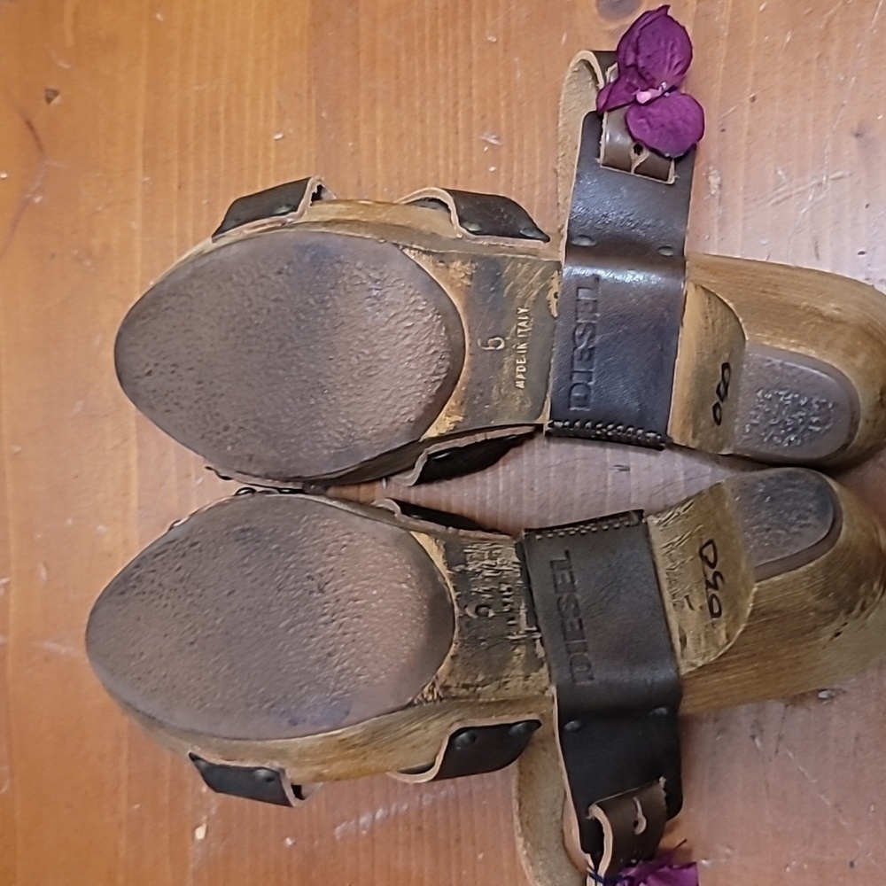 VINTAGE DIESEL‎ WOMEN'S BROWN LEATHER AND WOOD BLOCK HEEL SANDAL SZ 6 - Picture 6 of 9